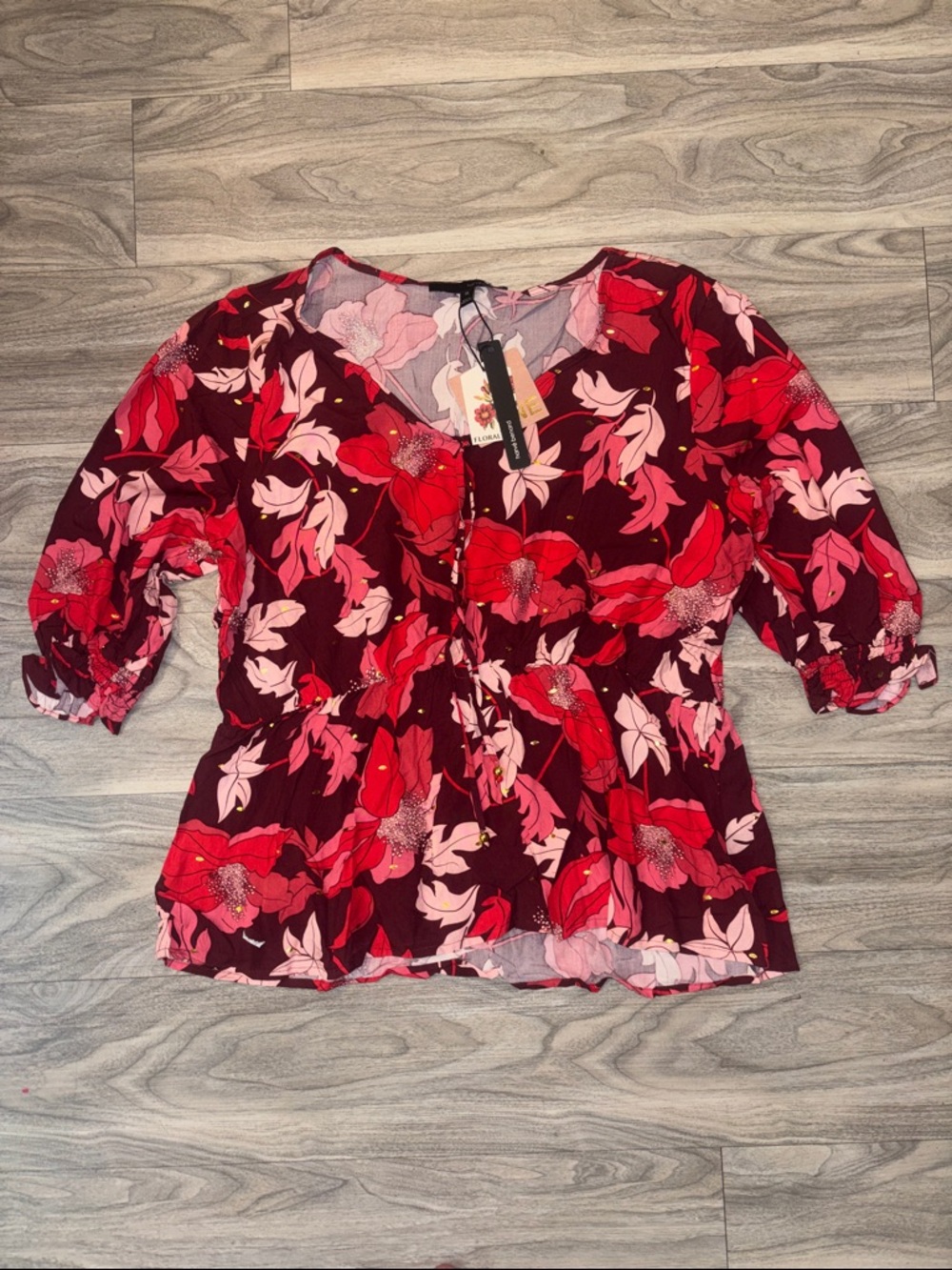 Harve Benard Burgundy Floral V-Neck Peplum Blouse with Pink Accents